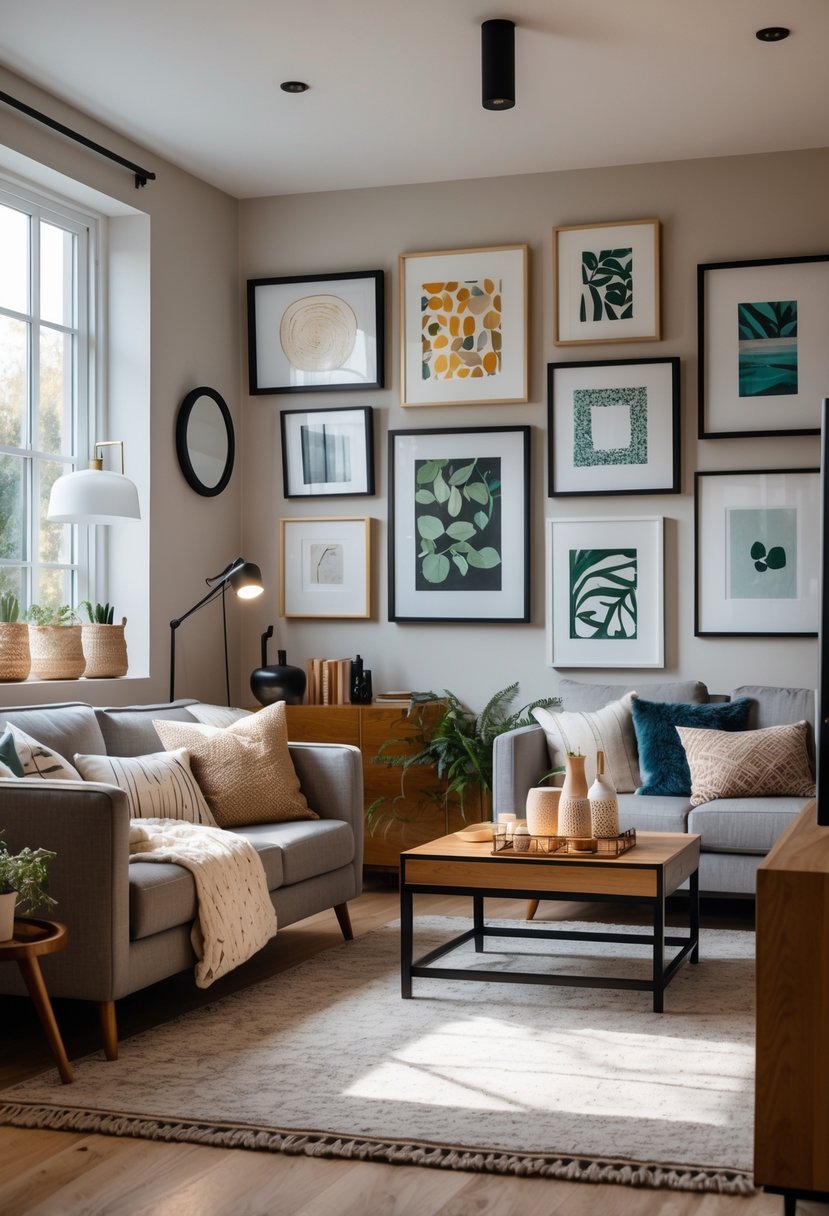 A terraced house living room with a gallery wall displaying various framed artworks above a sofa, featuring a coffee table and natural light from large windows.