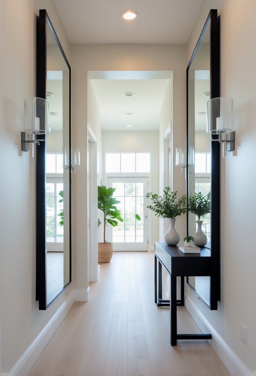 A small hallway with large mirrors on the walls reflecting the space and making it appear larger, featuring a narrow console table and light-colored flooring.