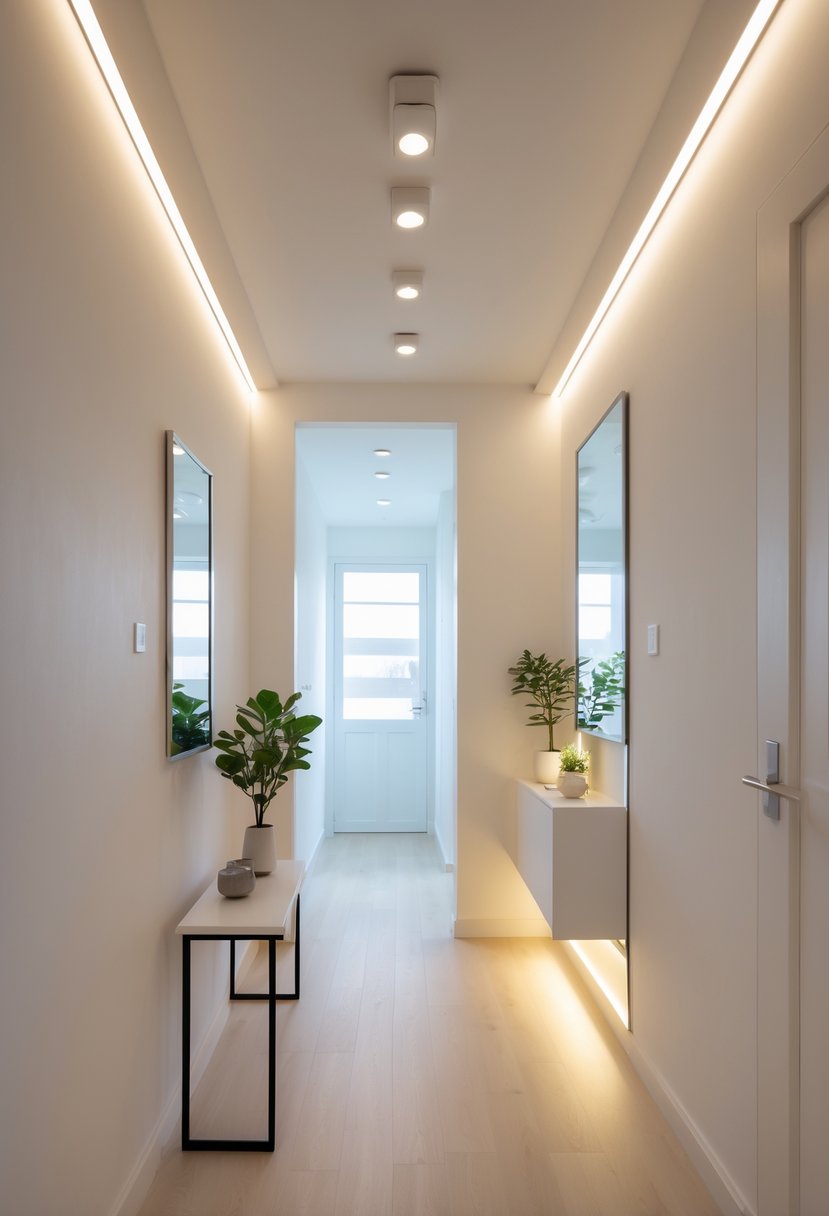 A narrow hallway with recessed and track lighting illuminating the space, white walls, light wooden floor, and minimal decor including a small table with a plant and a mirror.