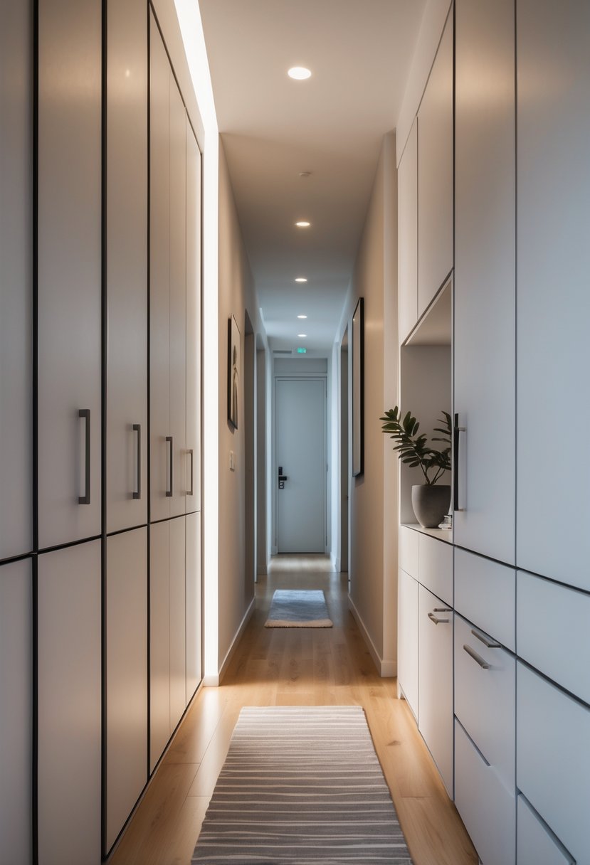 A narrow hallway with slim built-in storage units integrated into the walls, featuring a wooden floor and soft lighting.