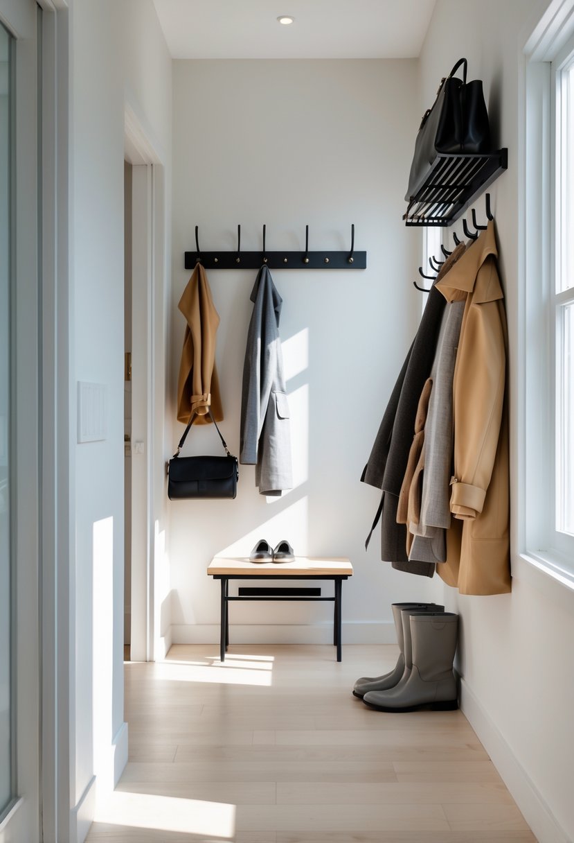 A small hallway with wall-mounted hooks holding coats and bags, a bench below, and light wood flooring.