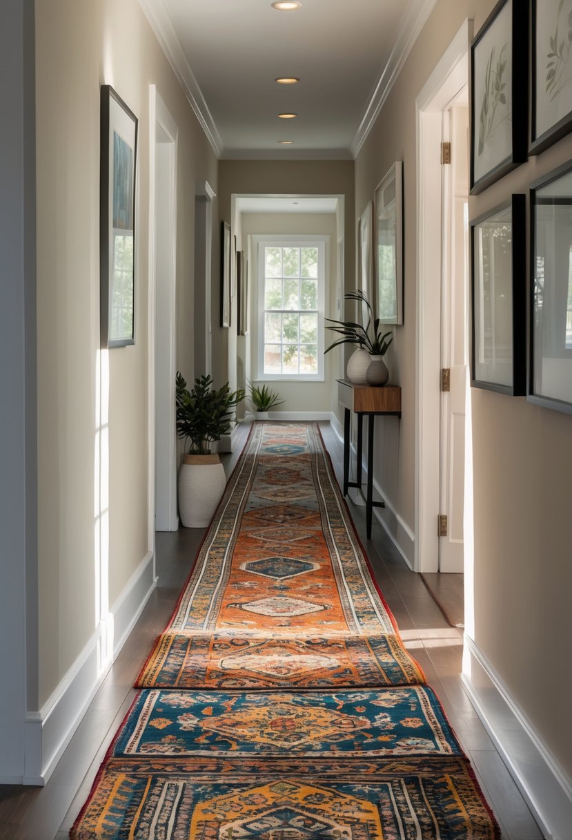 A narrow hallway with several patterned runner rugs layered on the floor, decorated with plants and a small table.