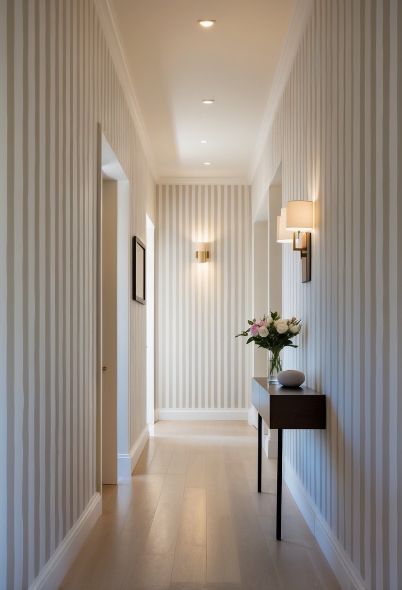 A narrow hallway with vertical striped walls, a small table with flowers, and a wall light.