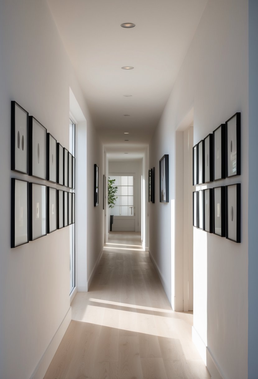 A narrow hallway with twelve small framed art pieces hung on one wall, illuminated by natural light.