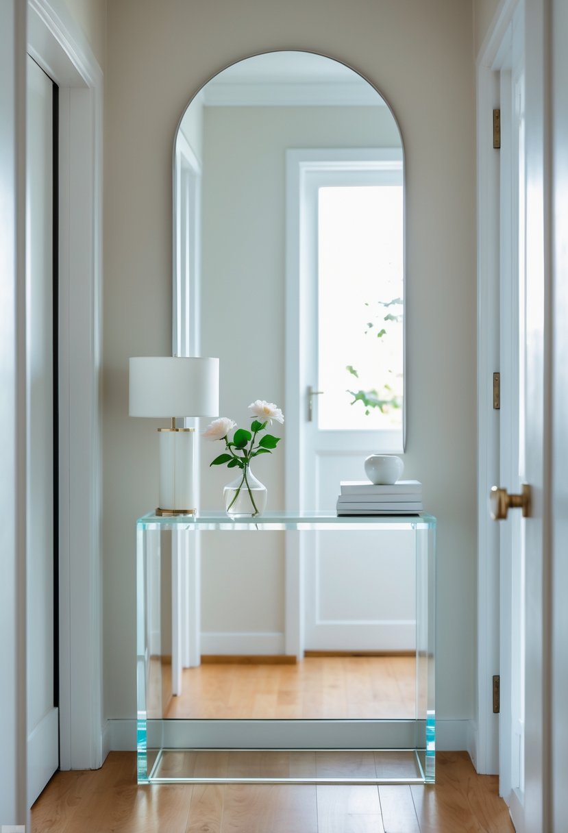 A small hallway with a clear glass console table holding a vase, lamp, and books, with a round mirror above it.