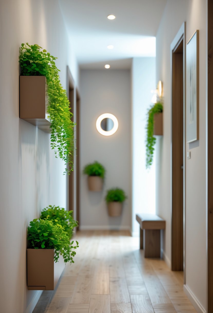 A narrow hallway with small green plants in wall-mounted planters along the wall.