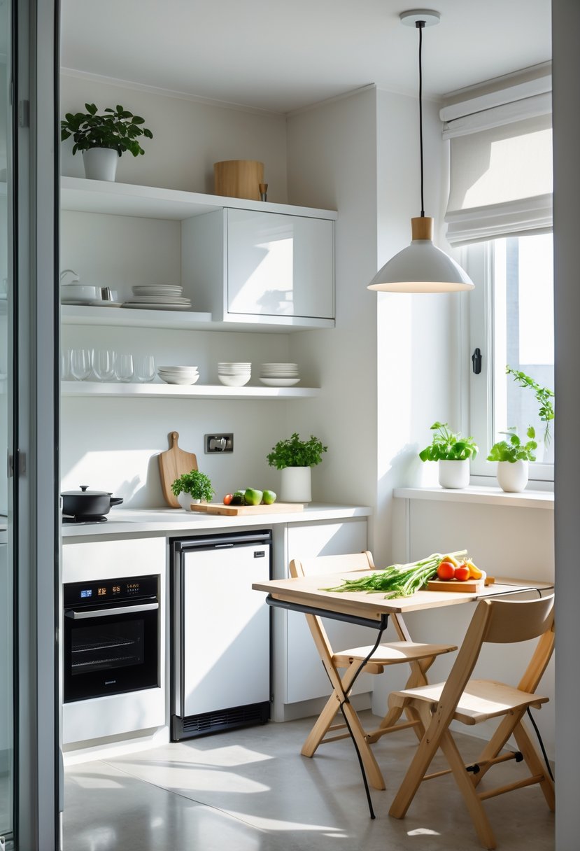 A compact and well-organized mini kitchen with white cabinets, a small cooktop, open shelves, a foldable table with two chairs, and natural light coming through a window.