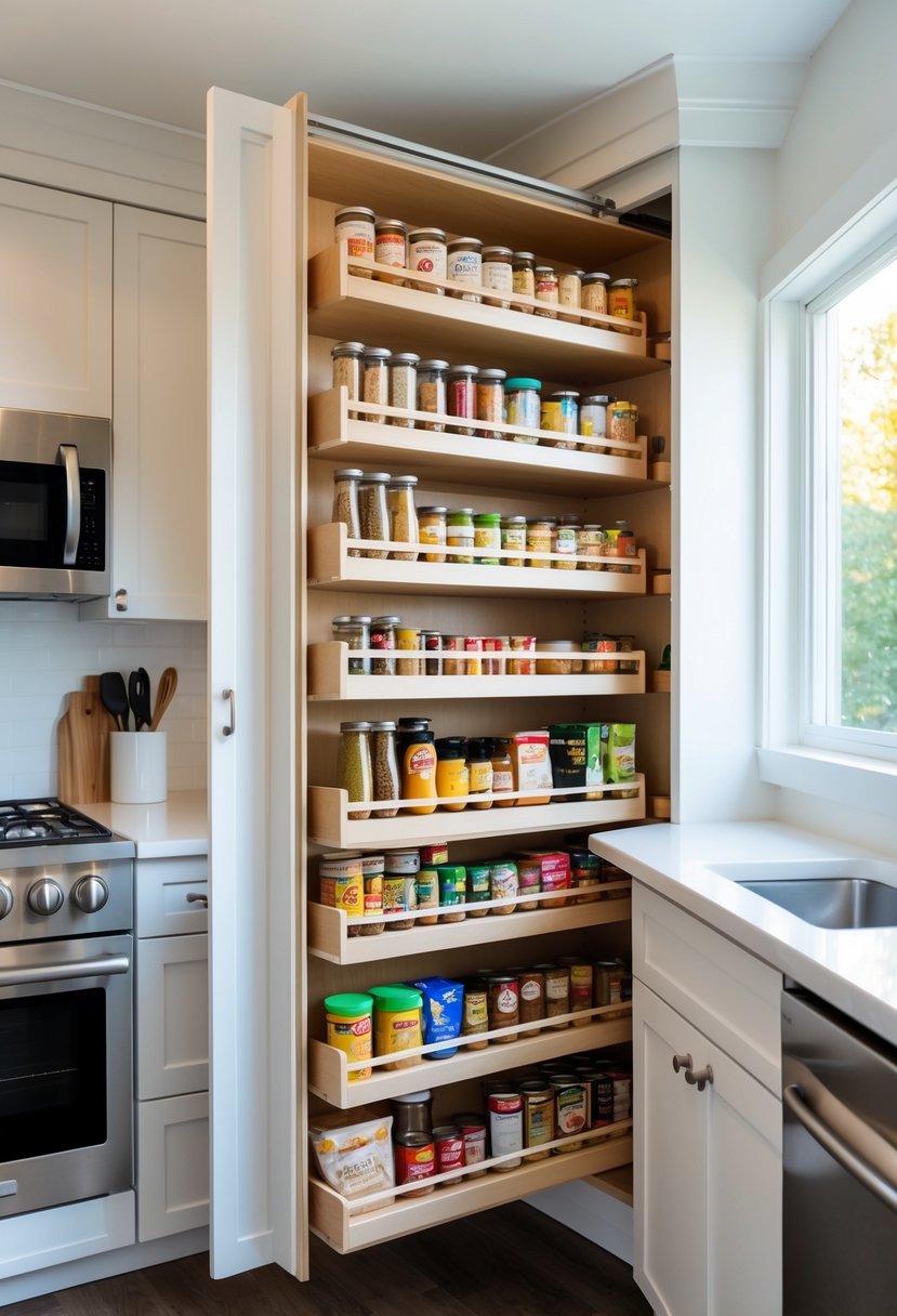 A small kitchen with a pull-out pantry shelf fully extended, displaying organized food items and maximizing vertical storage.