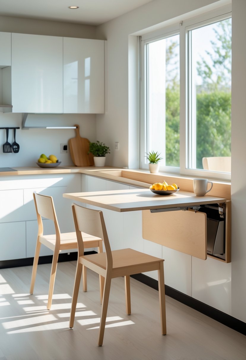 A small kitchen with a fold-down table extended and set for dining, surrounded by two chairs and kitchen cabinets.