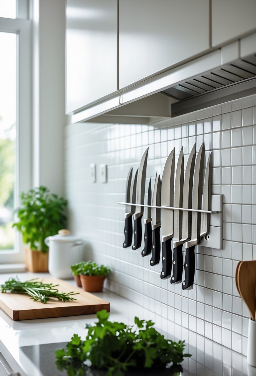 A modern kitchen with a magnetic knife strip mounted on the backsplash holding knives above a clean, clutter-free countertop.
