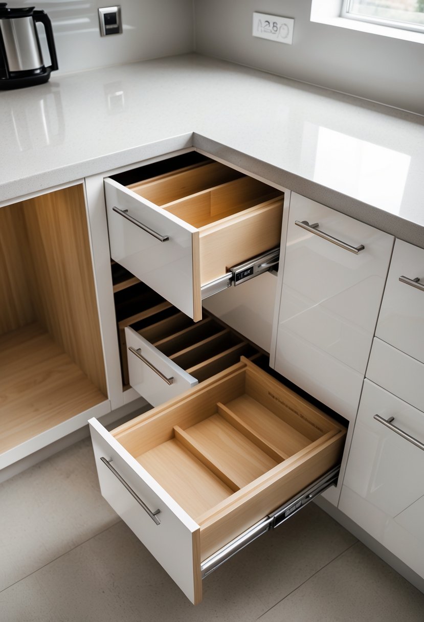 A modern kitchen corner with open corner drawers showing organized storage compartments.