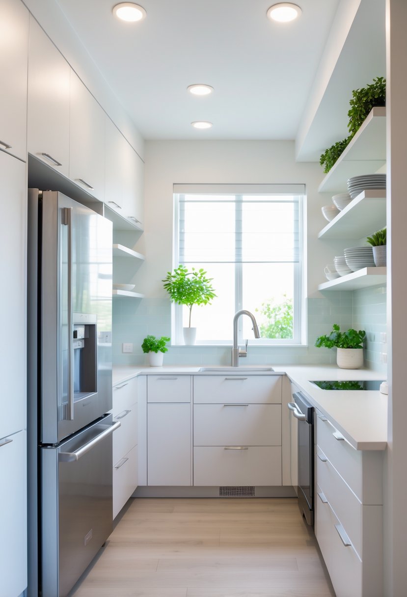A small kitchen with slim-profile appliances and white cabinets, featuring a compact refrigerator, narrow oven, and open shelving with dishes and plants.