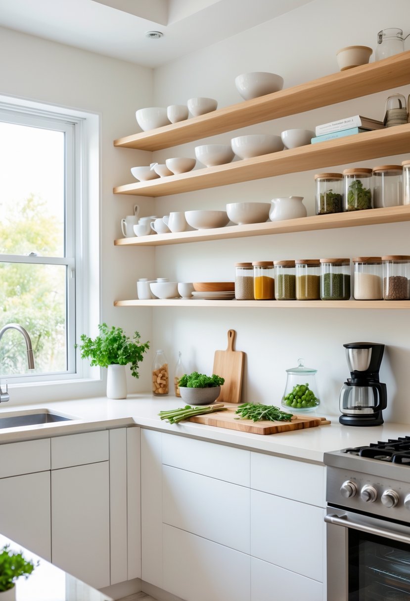 A bright kitchen with open shelving displaying kitchenware and plants, featuring natural light and a clean countertop.