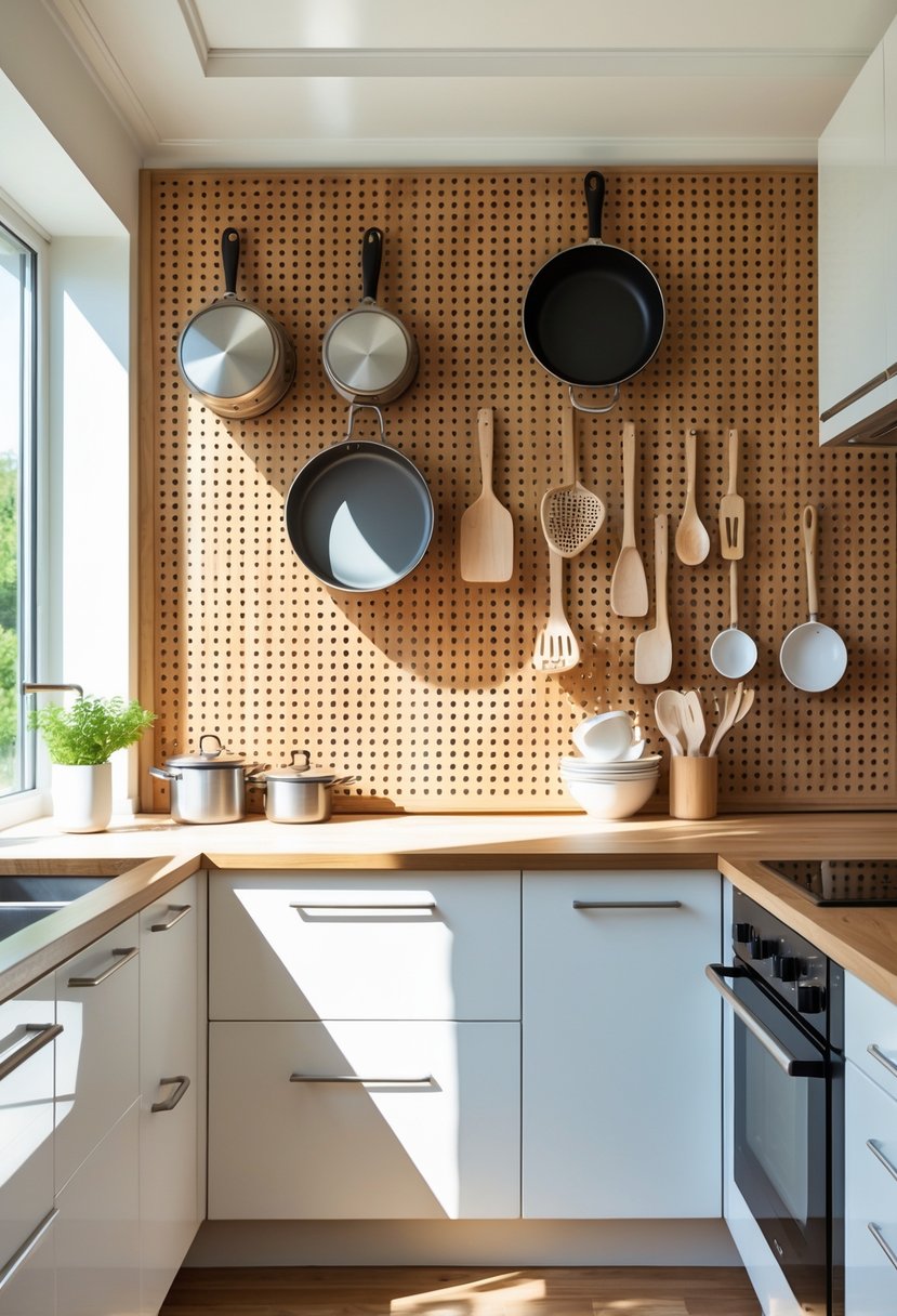 A kitchen with a wooden pegboard wall displaying hanging pots and cooking utensils above a clean countertop.