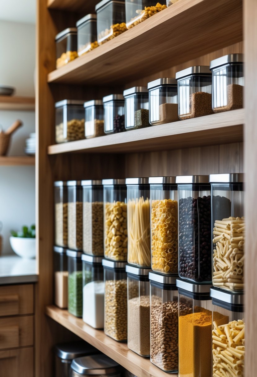 A kitchen pantry with clear containers filled with dry foods neatly arranged on wooden shelves.