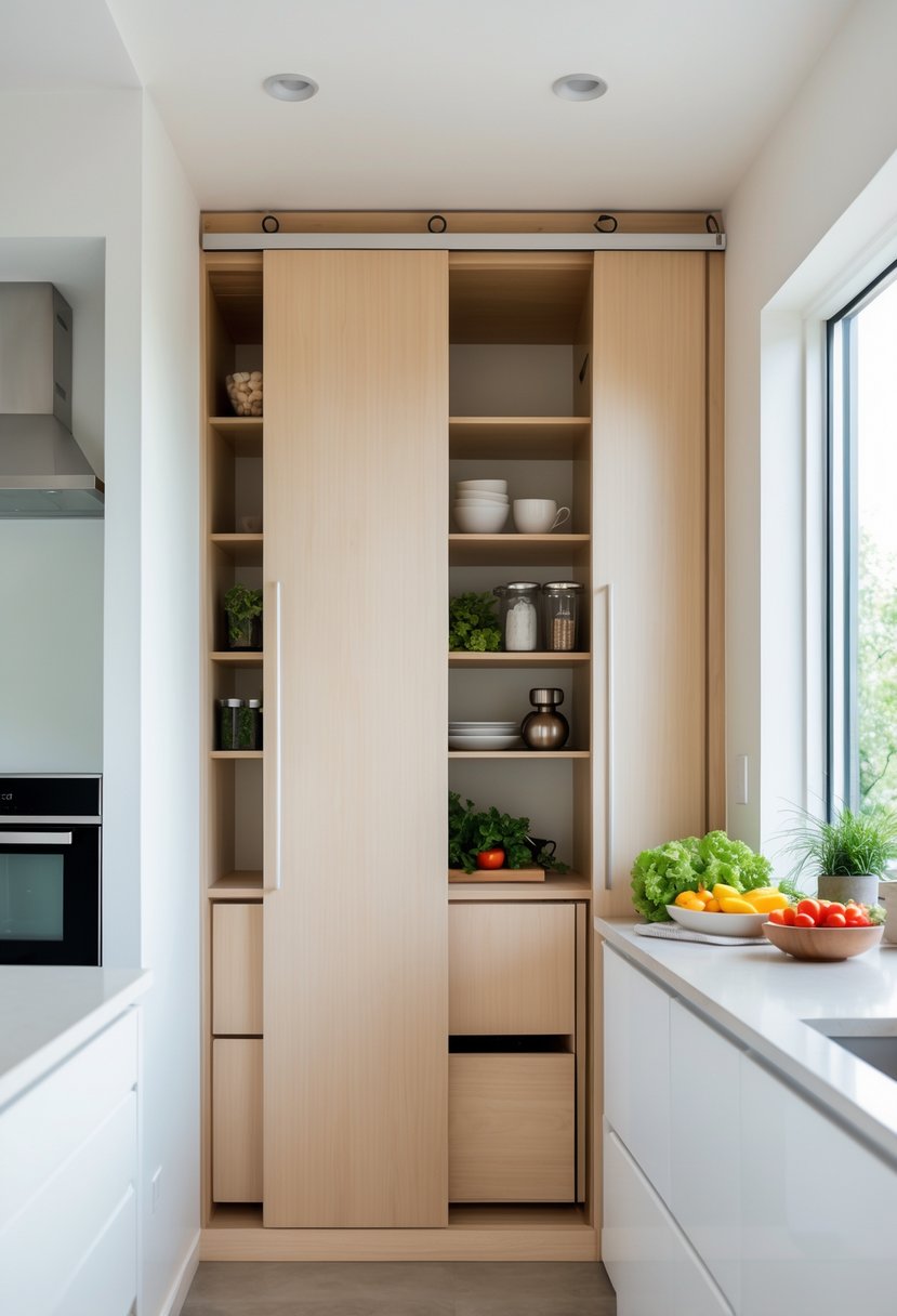 A narrow kitchen with sliding cabinet doors open, showing organized kitchenware and a tidy countertop with fresh vegetables and a plant.