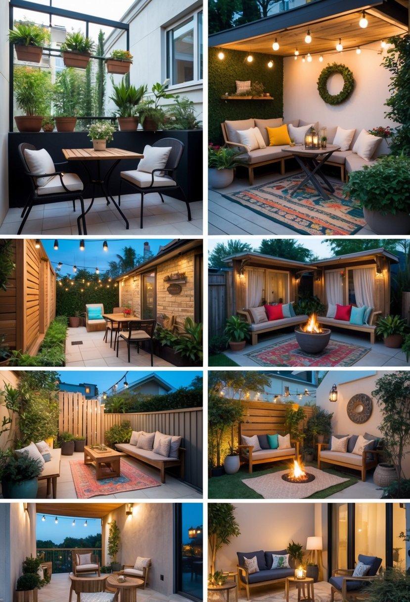 A collage of 18 different small patio designs featuring cozy seating, plants, and decorative lighting.