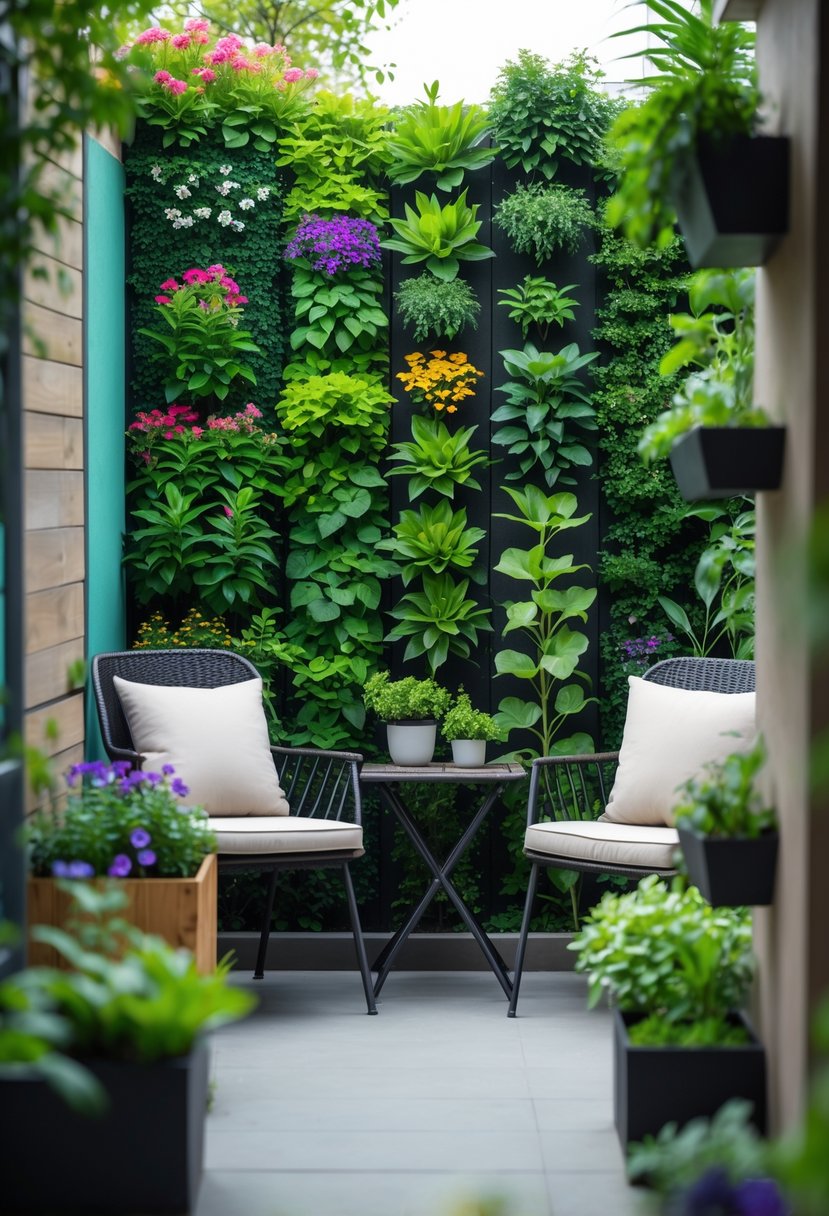 A small patio with a vertical garden wall filled with green plants and flowers, featuring outdoor furniture and decorative planters.