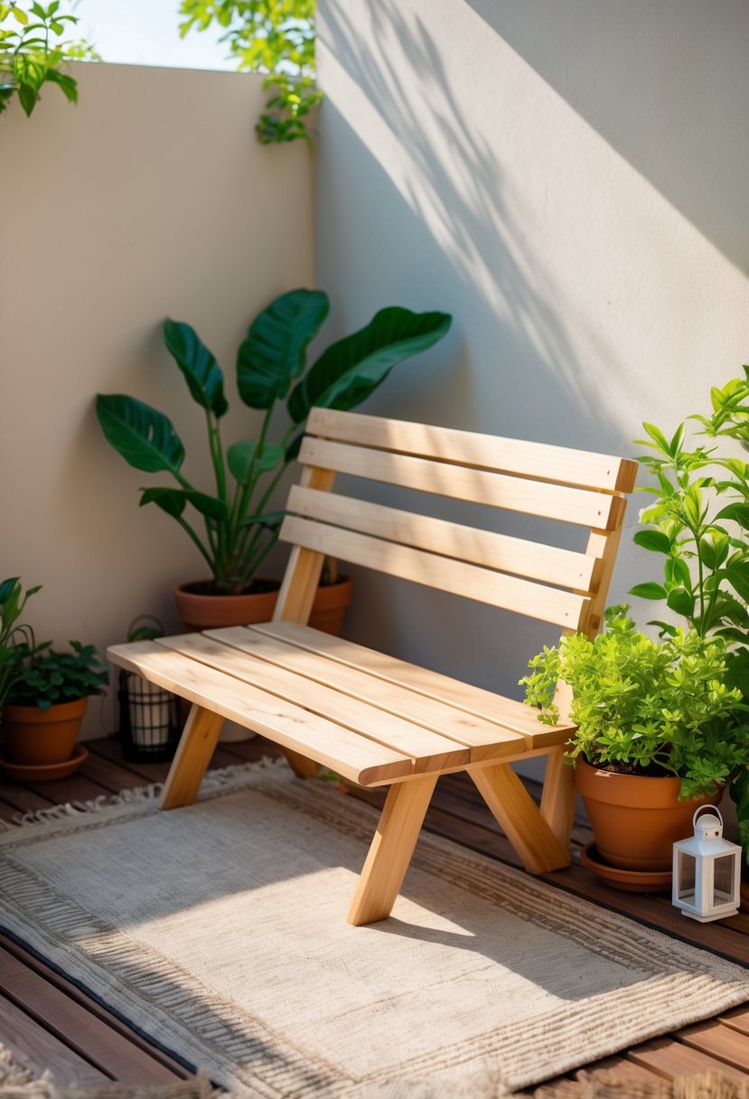 A small patio with a foldable wooden bench surrounded by potted plants and decorative items.