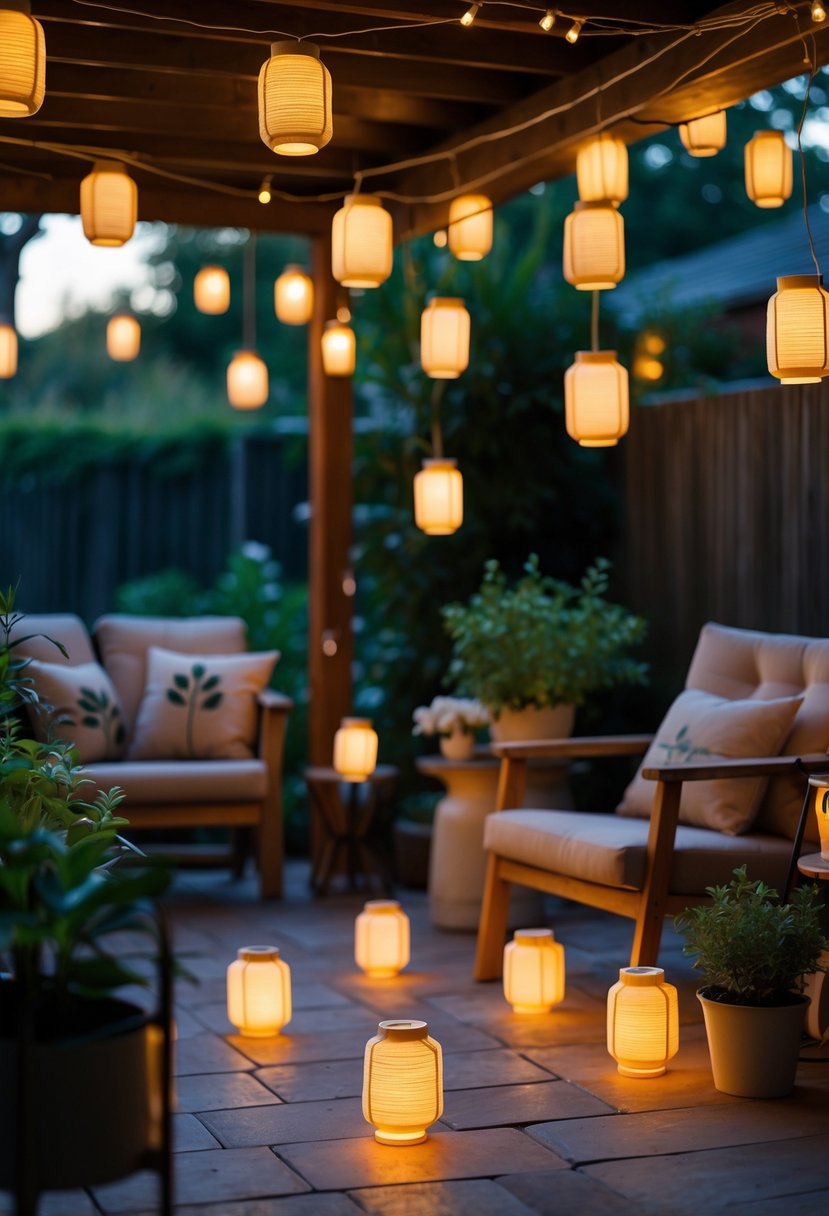 A small outdoor patio with 18 hanging lanterns glowing warmly above wooden furniture and plants.