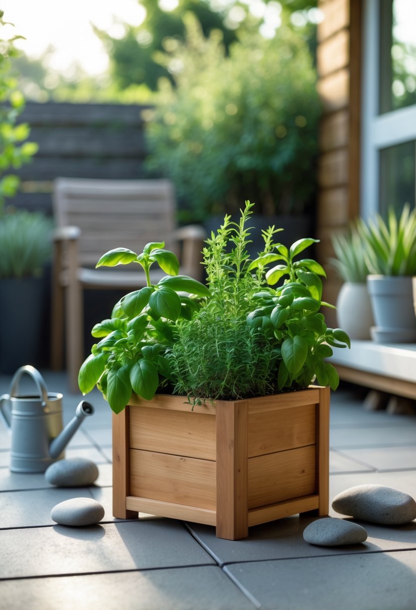 A small wooden herb planter box filled with fresh green herbs on a patio with outdoor furniture and plants in the background.
