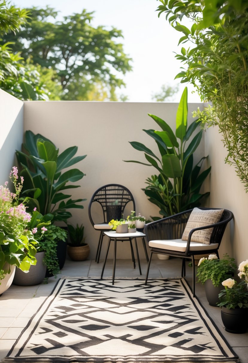 A small outdoor patio with a geometric patterned rug, outdoor furniture, and surrounding plants.