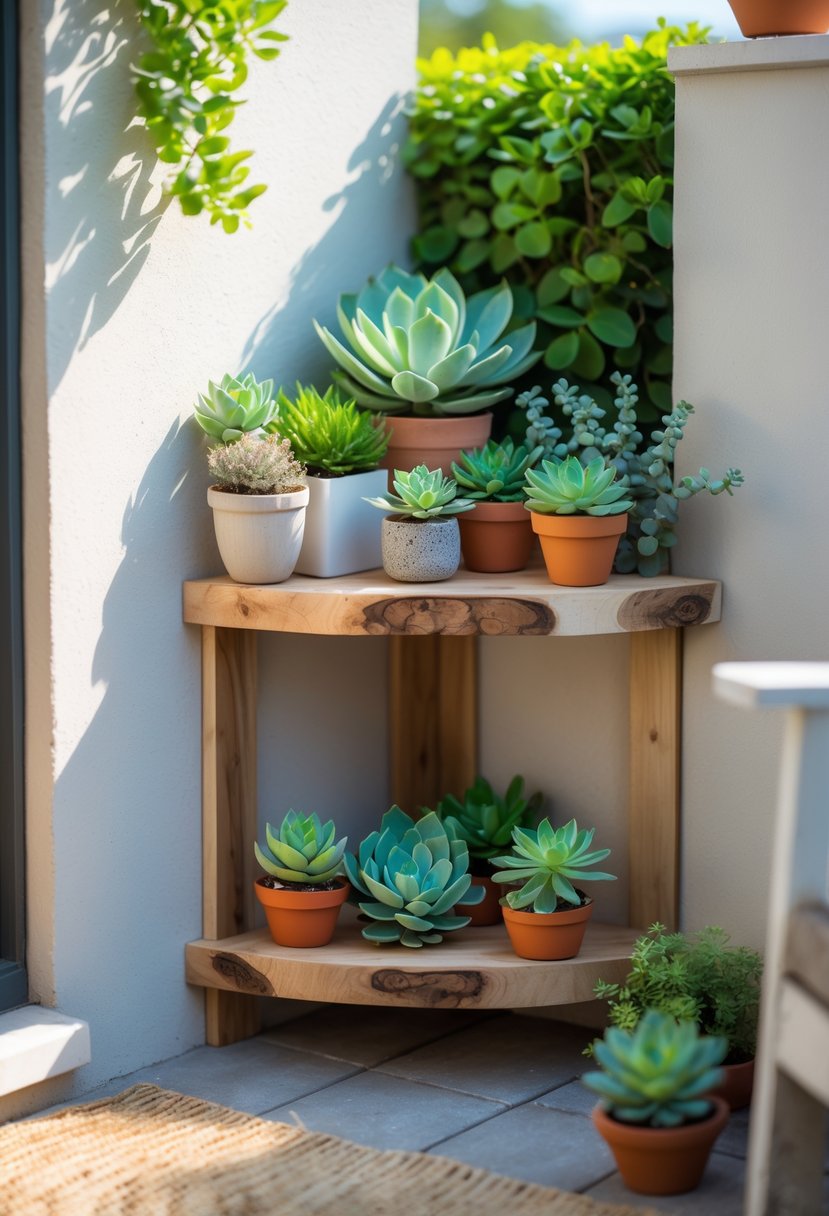 A corner shelf on a tiny patio holding several small succulent plants in pots with outdoor furniture and greenery around.