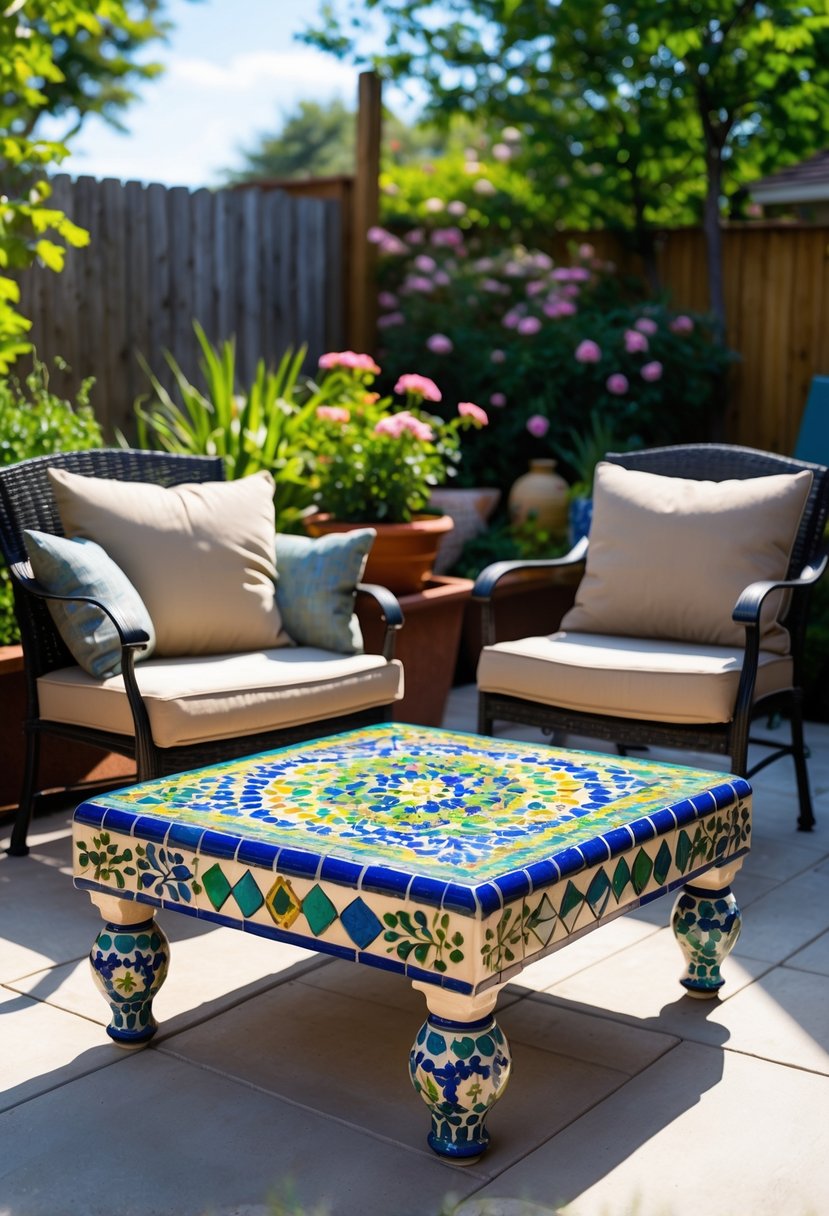 Small outdoor patio with a colorful mosaic tile coffee table surrounded by chairs and greenery.