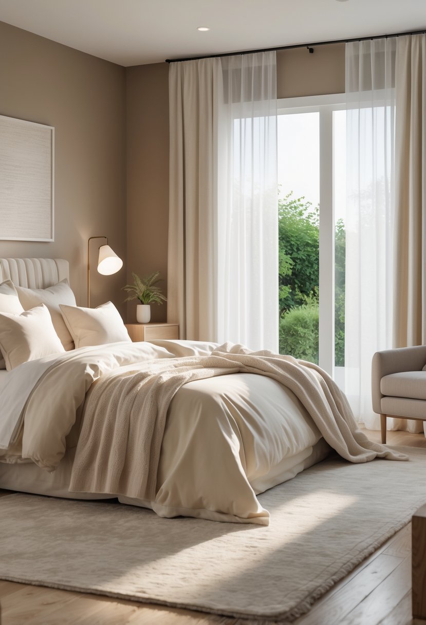 A calm bedroom with a large bed, soft beige and cream bedding, a wooden nightstand with a plant and lamp, sheer curtains letting in natural light, and a window showing greenery outside.