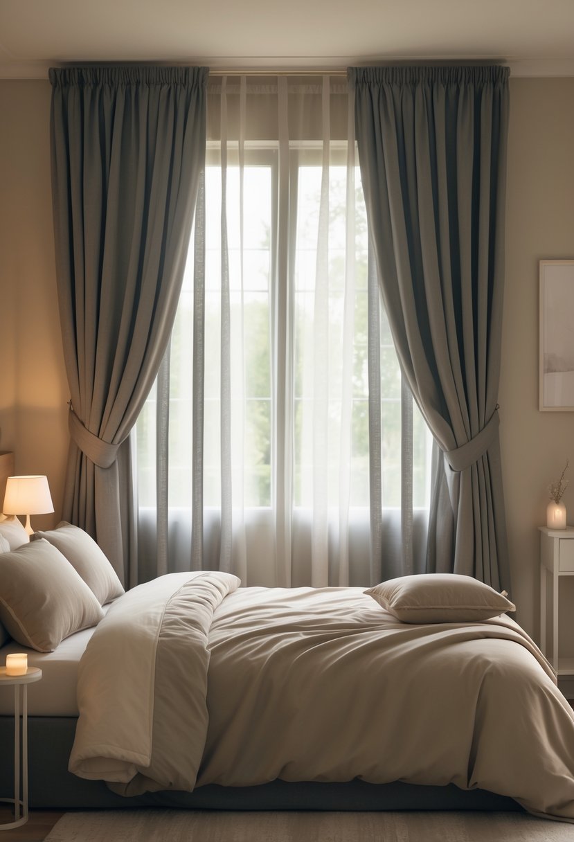 A calm bedroom with blackout curtains closed, a neatly made bed, and soft lighting creating a peaceful atmosphere.