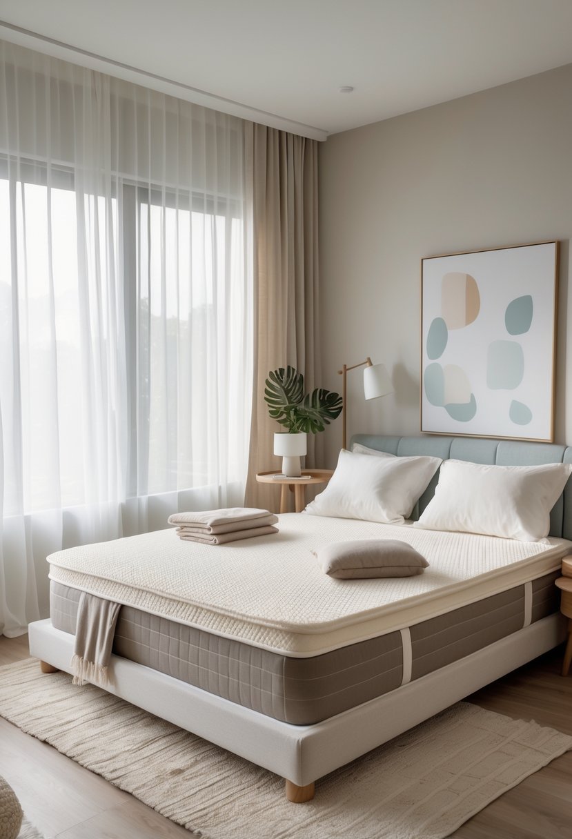 A bright bedroom with a large bed featuring a memory foam mattress, soft pillows, and natural light streaming through sheer curtains.