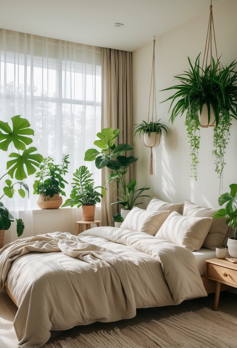 A calm bedroom with a neatly made bed and several indoor plants placed around the room near windows and on a nightstand.