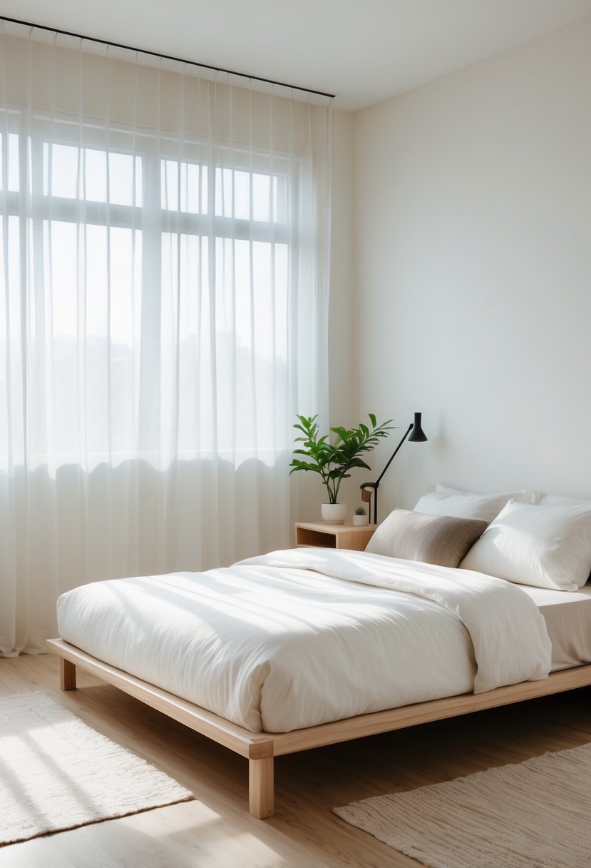 A peaceful bedroom with a wooden bed, white bedding, a nightstand with a lamp and plant, large windows with sheer curtains, and soft natural lighting.