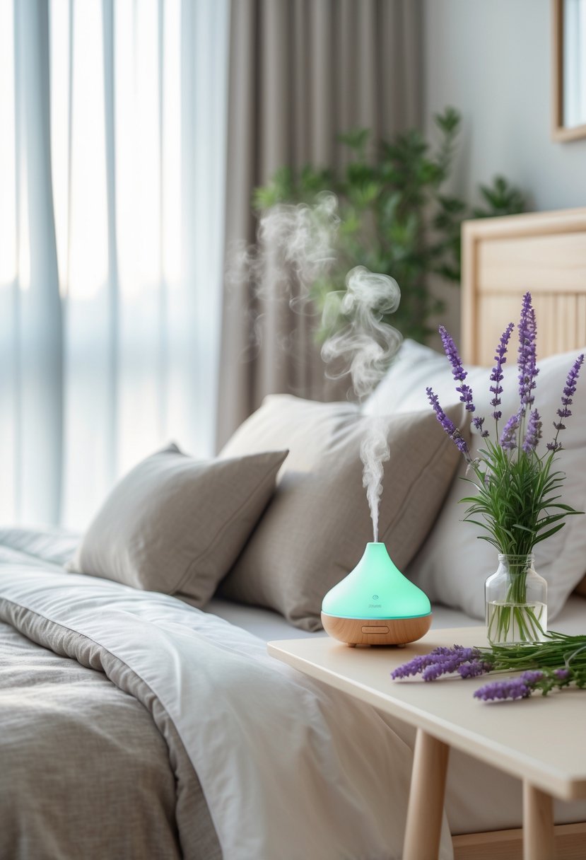 A peaceful bedroom with a bed, a bedside table holding an aromatherapy diffuser emitting mist, and lavender flowers.