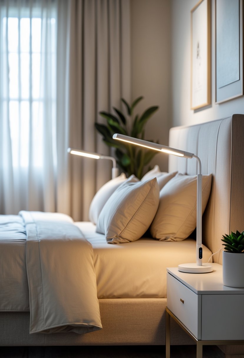 A peaceful bedroom with a neatly made bed and adjustable LED bedside lamps on modern bedside tables emitting warm light.