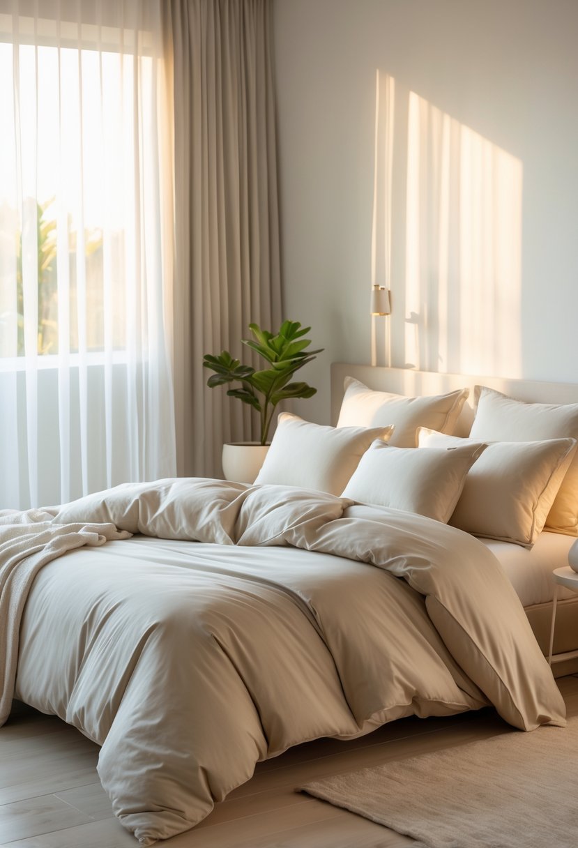 A tranquil bedroom with a neatly made bed featuring soft, high-thread-count cotton sheets, natural light coming through sheer curtains, and minimal decor.