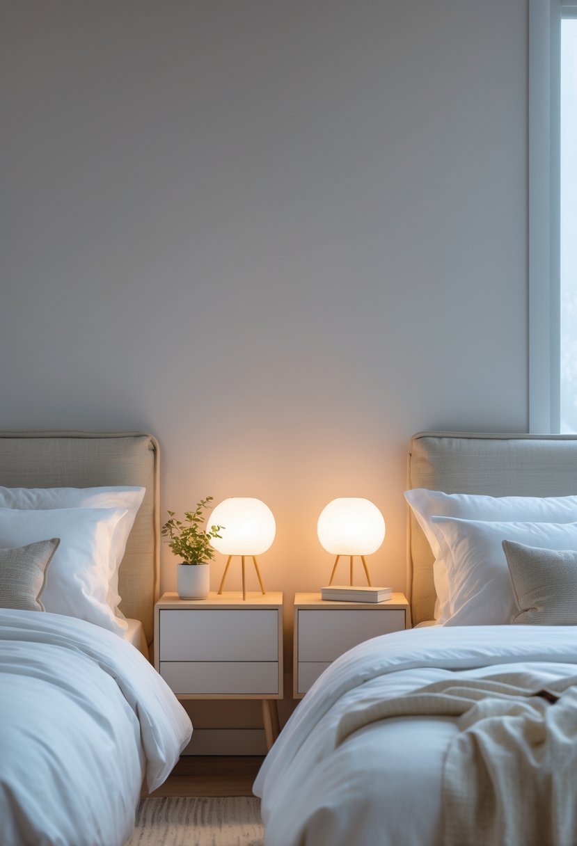 A tidy bedroom with two simple nightstands beside a neatly made bed, each holding a lamp, a small plant, and a book.