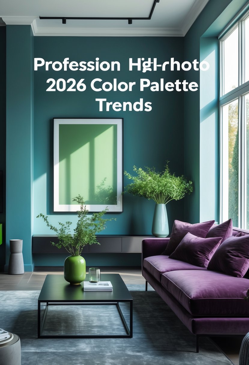 A living room with blue and green walls, plum cushions on a sofa, a black coffee table, and a green vase with plants, all illuminated by natural light.