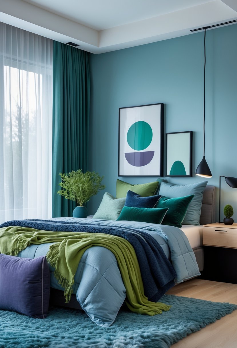 A modern bedroom with a neatly made bed featuring blue and green pillows and throws, soft blue walls, natural light coming through sheer curtains, a wooden nightstand with a plant and lamp, and a blue area rug on the floor.