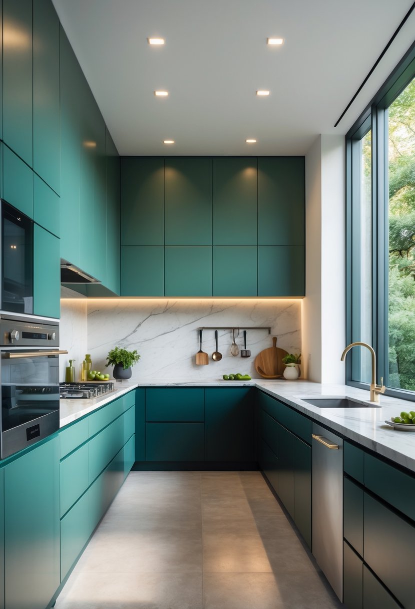 A modern kitchen with jade green and blue cabinets, a marble island, stainless steel appliances, and natural light coming through large windows.