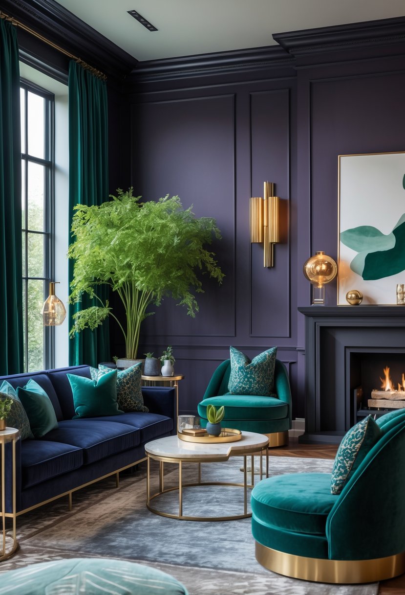 A living room with deep purple walls, blue and green furniture accents, indoor plants, and a modern fireplace, illuminated by natural light.