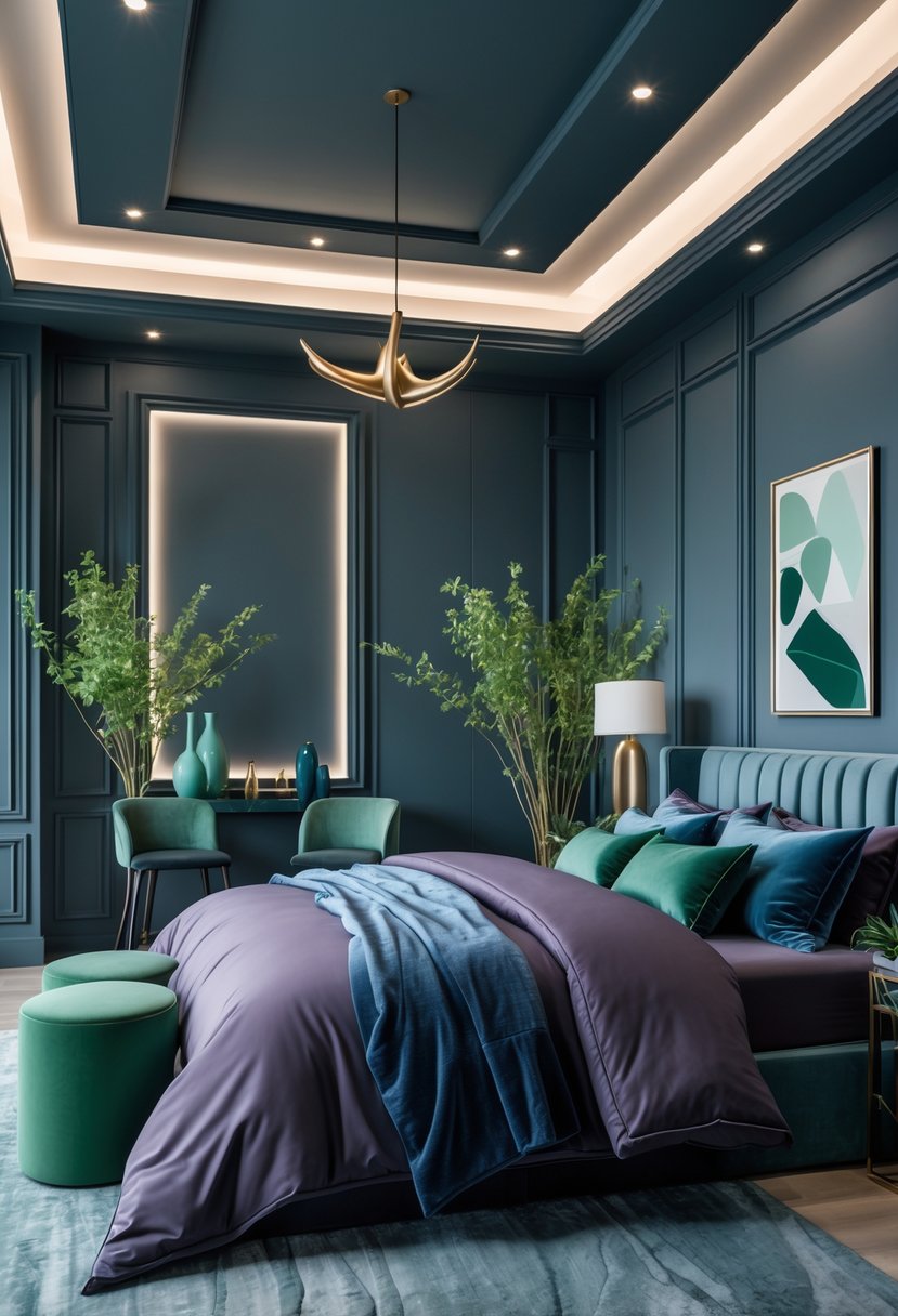 A modern bedroom with a bed featuring dark plum bedding, blue and green accents, plants, and layered wall textures creating depth.
