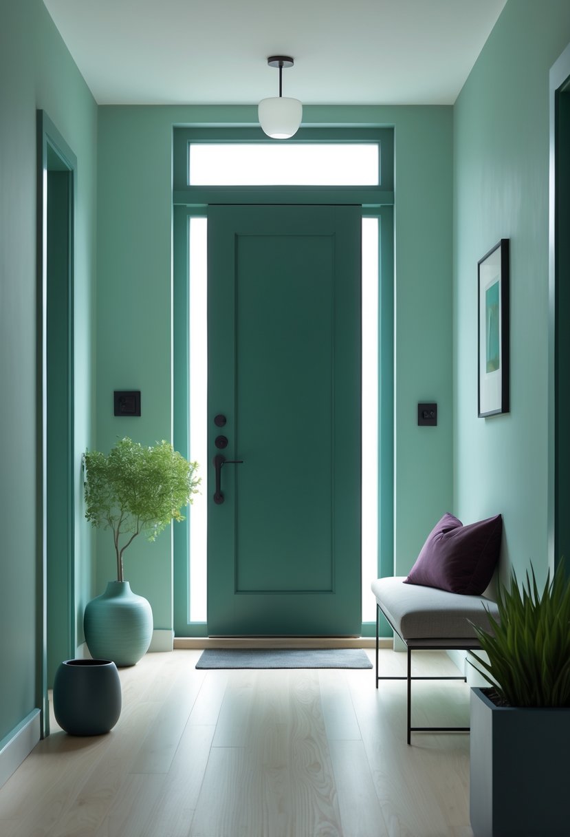 A calm entryway with a jade green door, a bench with a plum pillow, a green plant, and soft natural lighting.