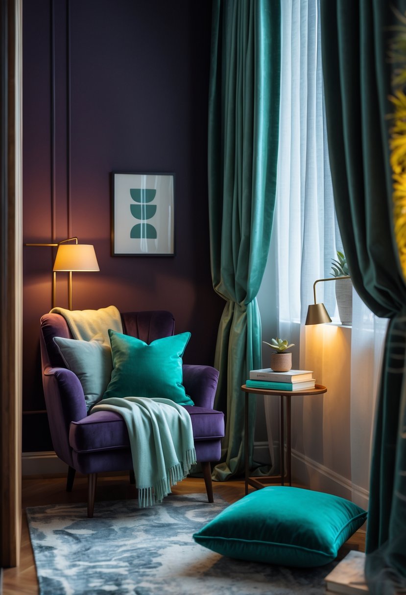 A cozy reading nook with a plush armchair, soft cushions, a small side table with a lamp, and natural light coming through sheer curtains.