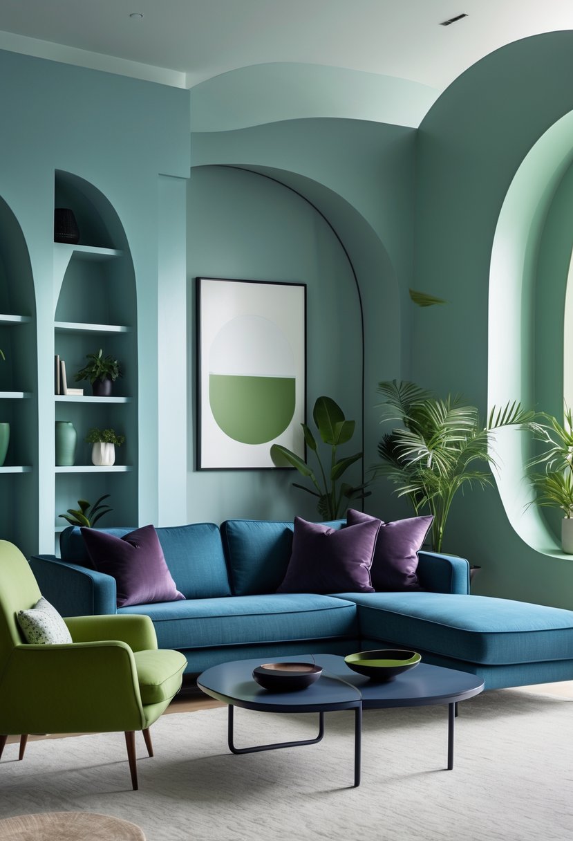 A living room with a blue sofa, green armchair, and decorative pillows in various colors, featuring curved walls and natural light.