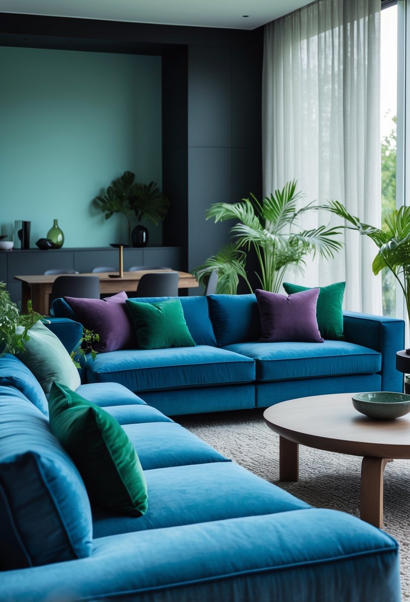 A living room with cool blue sofas, green and plum cushions, dark furniture, plants, and a wooden coffee table.
