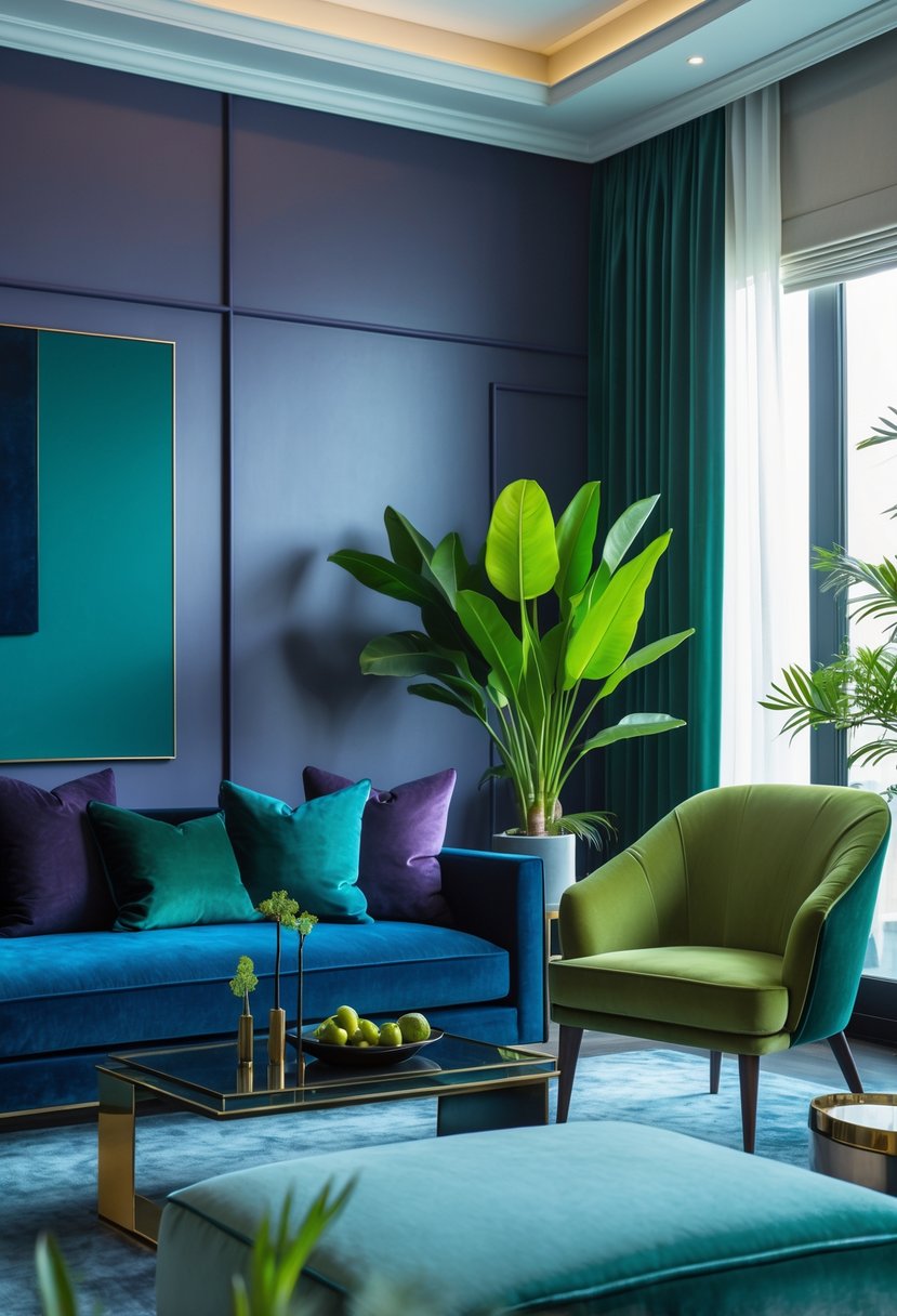 A modern living room with a cool blue sofa, jade green and plum noir pillows, a wasabi accent chair, plants, and natural light creating a colorful and inviting space.
