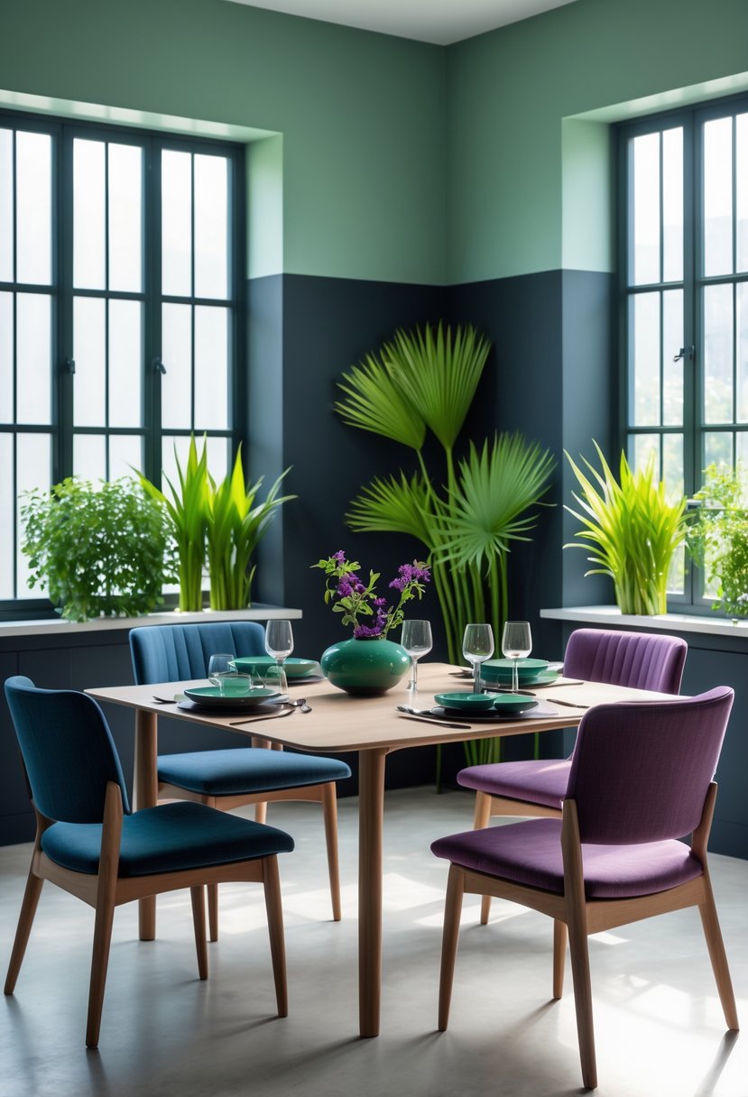 A modern dining room with a wooden table, colorful chairs, green plants, and natural light coming through large windows.