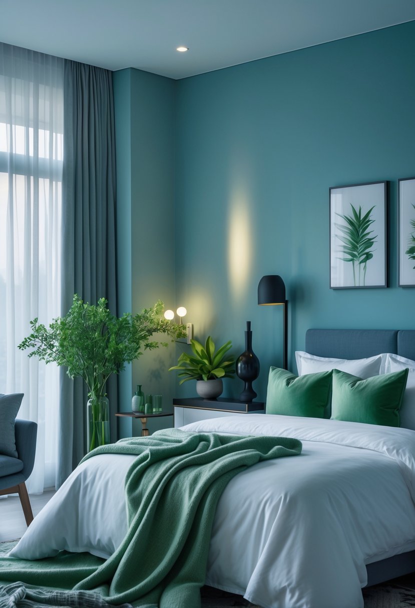 A bedroom with cool blue walls, green plants, and soft bedding creating a calm and inviting atmosphere.
