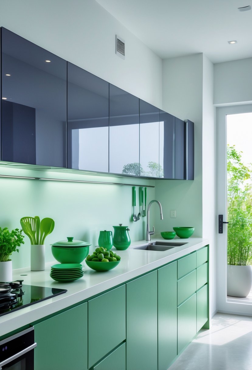 A modern kitchen with wasabi green accents, cool blue and jade details, and plum and noir elements, featuring kitchenware and fresh vegetables on a clean countertop.